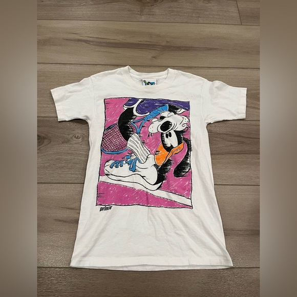 Vintage 90s Disney Prince Goofy Tennis White Tee Single Stitch Disney Size Small - Picture 1 of 8